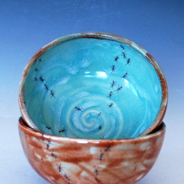 Wandering Ants Bowl Set - Insects - Blue and Red - Blue Snow - Brick Red Wash - Ant Swarm - Pottery Set - Ceramic Bowls - Kitchenware