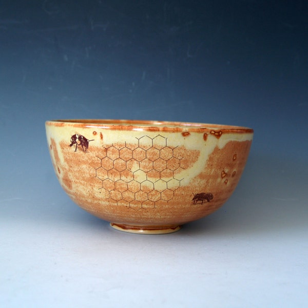 Golden Honeybee Bowl - Ceramic bowls - Save the Bees - Entymology - Insects - Warm Hues - Pottery - 10% Donation - Handmade Housewares