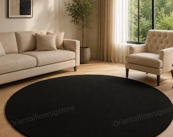 Zwart rond tapijt voor woonkamer, effen zwart rond tapijt, minimalistisch groot rond tapijt, modern neutraal interieur, zachte vloermat