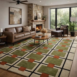 Peut inclure: Salon avec un tapis à motifs géométriques avec des carrés verts et orange, un canapé en cuir marron et une cheminée en pierre. Le motif du tapis est encadré de lignes noires, créant une esthétique moderne. Une table basse ronde en bois est au centre.