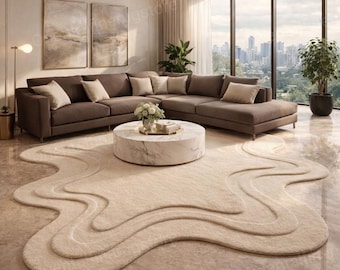 3D Irregular Wave Hand-Tufted Wool Rug - Sculptural Cream Area Rug for Living Room - Custom High-Low Pile Aesthetic Rug -