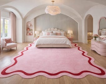 Alfombra rosa festoneada hecha a mano / Alfombra moderna de forma irregular / Alfombra minimalista con borde ondulado para dormitorio, sala de estar y pasillo