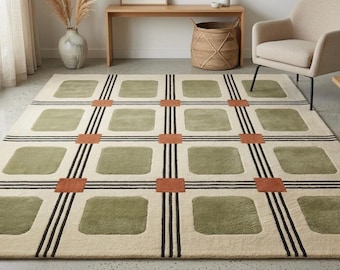 Hand Tufted Wool Rug Modern Geometric Grid Olive Green Rust Living Room Carpet