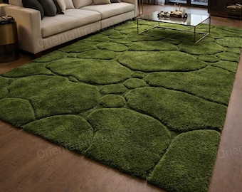 Hand Tufted Moss Green Rug, Pebble Stone Pattern, Luxury Carpet