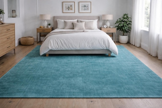 Turquoise Area Rug, Handmade Solid Color Rug, Modern Minimalist Bedroom Rug, Large Living Room Carpet, Handwoven Wool Rug, Scandinavian