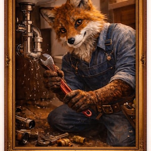 May include: A framed artwork shows a fox-like character in denim overalls, working on plumbing with a wrench. The fox has orange fur and is focused on the task, with water dripping from the pipes. Tools and fittings are scattered on the floor, suggesting a plumbing theme.