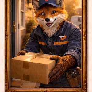 May include: A framed portrait of a fox dressed as a delivery person, wearing a blue uniform and cap with an orange stripe and logo. The fox holds a cardboard box, smiling. The background shows a house and a delivery van.
