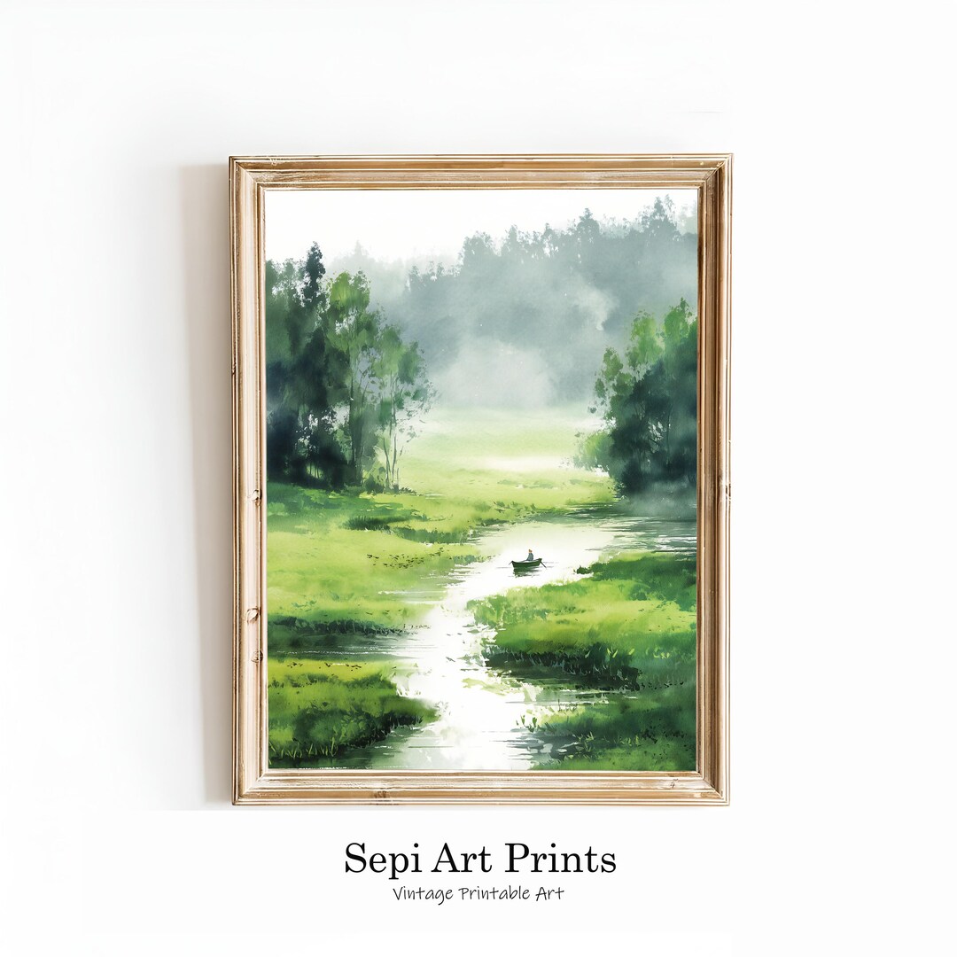 Misty River Landscape Watercolor Print | Serene Forest Nature Wall Art ...