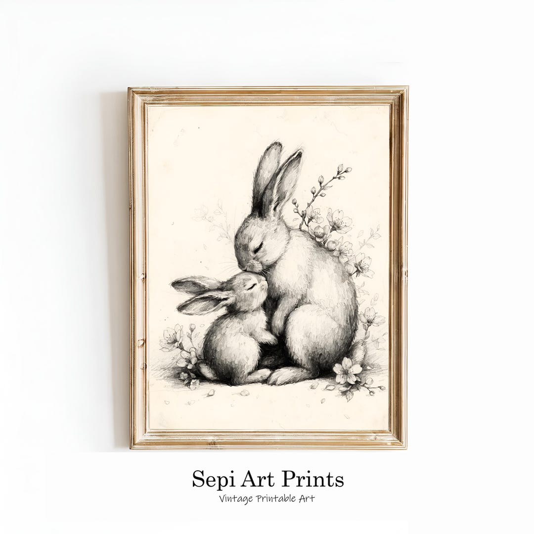 Vintage Bunny Sketch Print | Mother and Baby Rabbit Nursery Art ...
