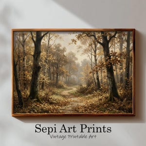 Könnte beinhalten: Ein rechteckiger gerahmter Wandkunstdruck, der eine Waldlandschaft im Herbst mit hohen Bäumen, einem gewundenen, mit Laub bedeckten Feldweg und einer weichen, dunstigen Atmosphäre zeigt. Der Text "Sepi Art Prints" und "Vintage Printable Art" erscheint darunter.