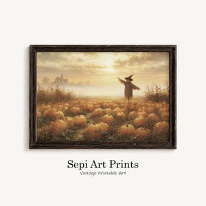 May include: A framed art print featuring a pumpkin patch at sunset with a scarecrow standing in the center. The scene includes a hazy sky, a distant building silhouette, and numerous orange pumpkins scattered across the field. Text reads Sepi Art Prints.