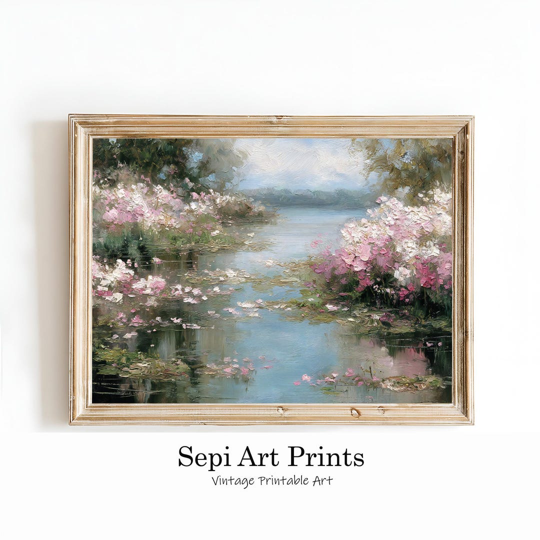 Floral Landscape Wall Art Printable | Pink Garden Pond Painting ...