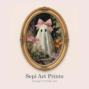 May include: An oval gold ornate frame containing a painting of a white ghost figure wearing a large pink bow. The ghost is positioned among colorful flowers and dark green foliage. Below the frame, the text reads Sepi Art Prints Vintage Printable Art.