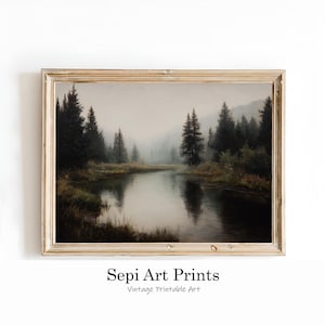Misty Forest Lake Painting | Moody Landscape Nature Print (Digital Download)