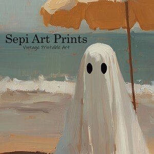 May include: An oil painting style print featuring a white ghost figure standing on a sandy beach under a tan umbrella. The text Sepi Art Prints and Vintage Printable Art is visible in the upper left corner. The scene depicts ocean waves.