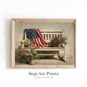 American Flag Bench Floral Art | Rustic Farmhouse Patriotic Print (Digital Download)