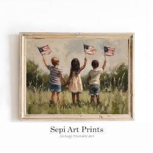 Children Holding American Flags Art Print | Vintage Americana Summer Painting (Digital Download)