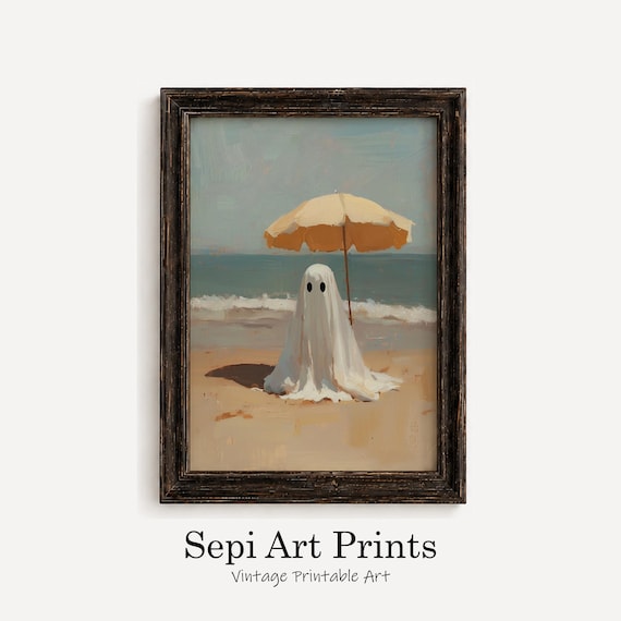 Beach Ghost Print | Vintage Coastal Halloween Art (Digital Download)