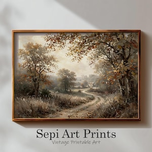 May include: A landscape painting in a wooden frame depicting a winding dirt path leading toward a small house in the distance, surrounded by trees with autumn-toned foliage. The text below reads Sepi Art Prints Vintage Printable Art.
