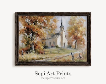 May include: A framed landscape painting depicting a white church with a steeple surrounded by autumn trees with orange and yellow foliage. A dirt path leads towards the building, and a wooden fence runs along the foreground. Text reads Sepi Art Prints.
