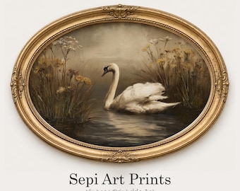 May include: An oval-shaped gold frame containing a painting of a white swan swimming in dark water surrounded by tall grasses and wildflowers. Below the frame, the text reads Sepi Art Prints Vintage Printable Art in black serif font.