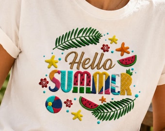 Hallo zomer borduurontwerp, tropische zomer borduurpatroon, strandvakantie borduurontwerp, zomervakantie, instant download PES