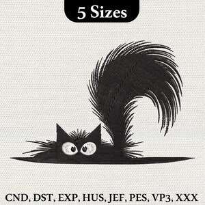 May include: Black cat embroidery design with wide eyes and a fluffy tail. The design includes the text "5 Sizes" and file type abbreviations: CND, DST, EXP, HUS, JEF, PES, VP3, XXX. The cat is embroidered on a textured white background.