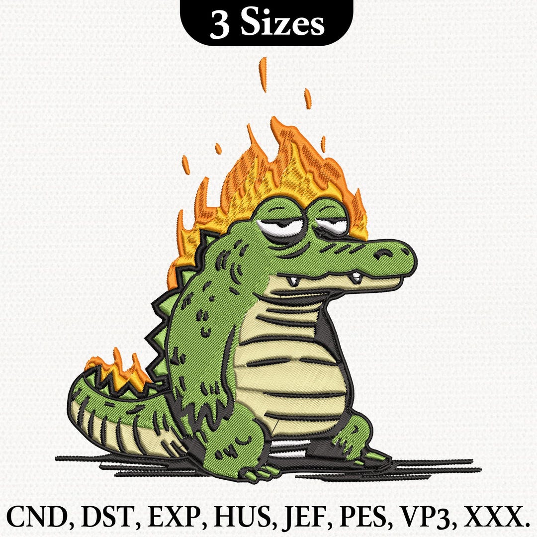 Funny Burning Crocodile Embroidery Design, Lazy Alligator Fire ...