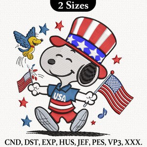 Patriotic Snoopy Embroidery Design, USA Flag Embroidery File, 4th of July Embroidery Pattern, Patriotic Snoopy Tee, Funny 4th Of July Shirt
