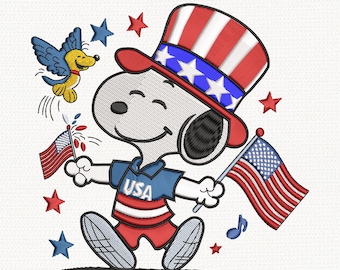Patriottische Snoopy-borduurontwerp, Amerikaanse vlag borduurbestand, 4 juli-borduurpatroon, patriottische Snoopy-T-shirt, grappig 4 juli-shirt