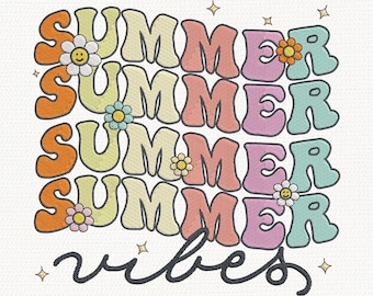 Summer Vibes-borduurontwerp, retro zomerborduurpatroon, vakantie teenslippers machinebestand, vintage zomershirtontwerp, digitaal bestand