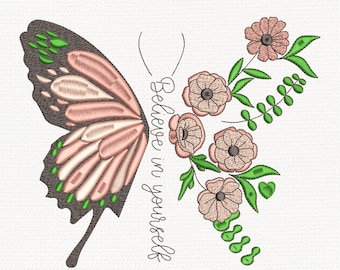 Geloof in jezelf vlinderborduurontwerp, bloemen vlinderborduurpatroon, inspirerend citaat, motiverend PES-borduurwerkbestand