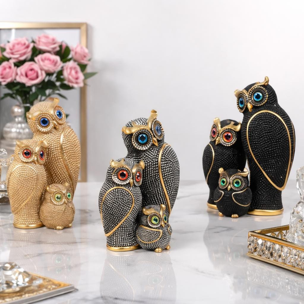 Crystal Owl Family Figurines, Gold Rhinestone Home Decor, Desk Shelf Ornament