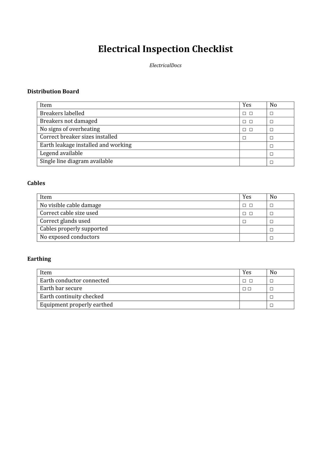 Electrical Inspection Checklist | Electrician Inspection Form ...