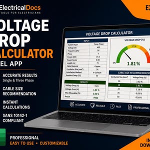 May include: A laptop displaying a Voltage Drop Calculator Excel app. The screen shows input fields for system type, voltage, and power, a gauge indicating 1.81% voltage drop, and a table with cable size recommendations for electrical systems.