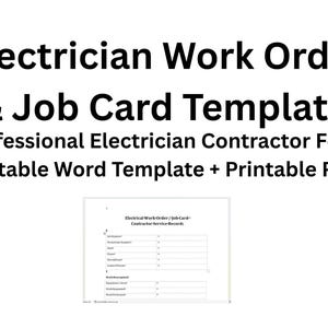 Könnte beinhalten: Weißer Hintergrund mit dem Text "Electrician Work Order & Job Card Template" in fetter schwarzer Schrift. Darunter steht in kleinerer Schrift "Professional Electrician Contractor Form Editable Word Template + Printable PDF". Ein Formular ist sichtbar.