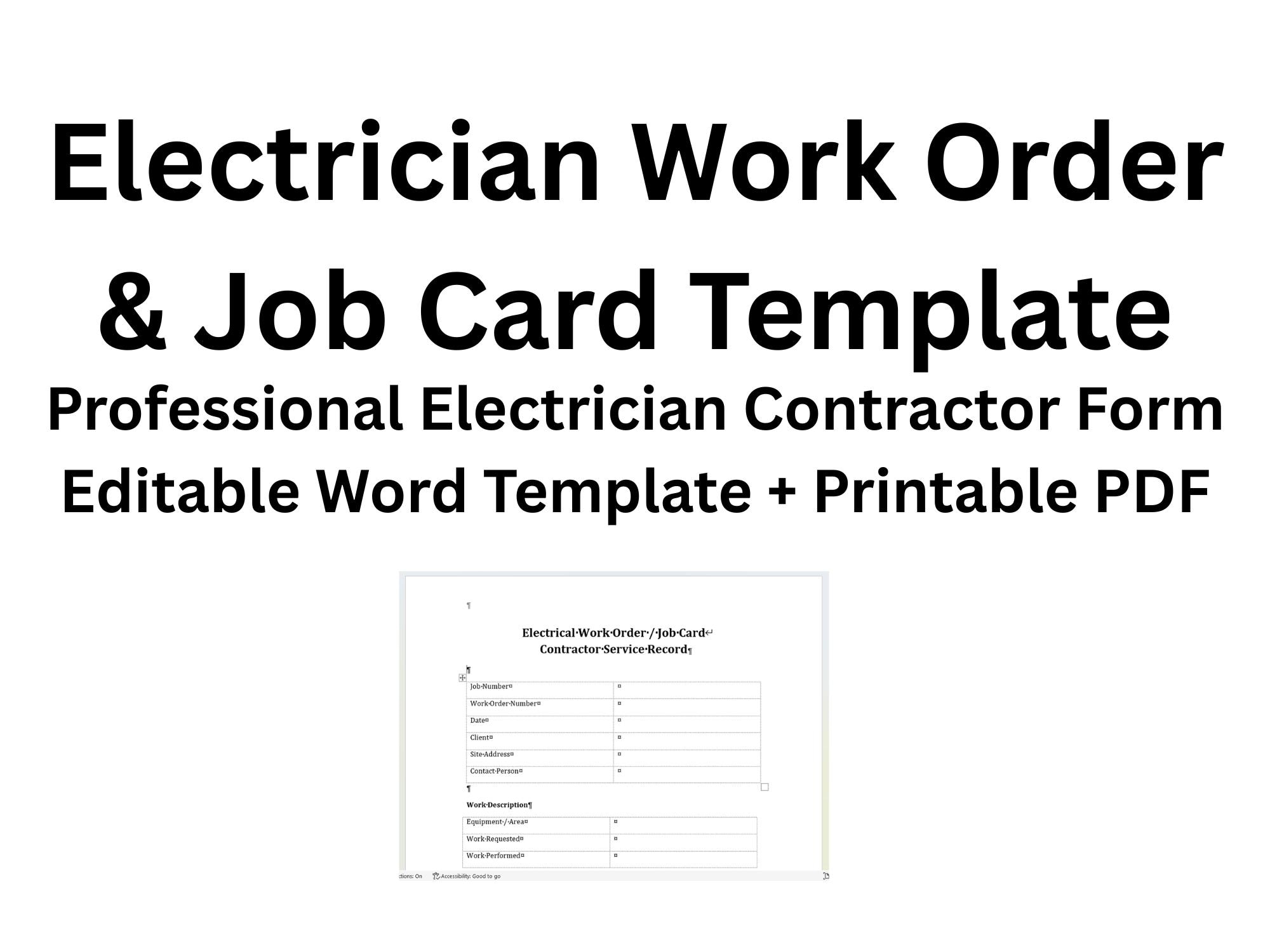 Electrician Work Order Job Card Template | Contractor Form (word PDF ...