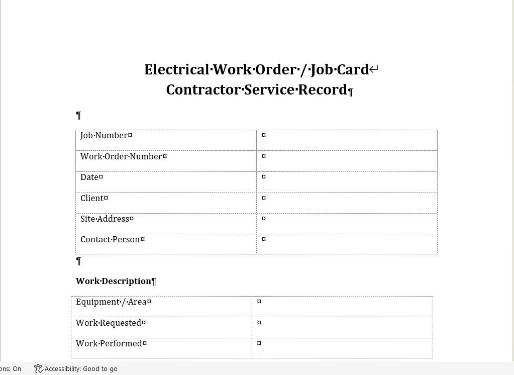 Electrician Work Order Job Card Template | Contractor Form (word PDF ...