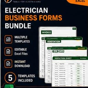 May include: A digital bundle of electrician business forms featuring five editable Excel templates including an invoice, quotation, job card, and inspection sheet. The dark background displays the text ElectricalDocs, Tools for Electricians, and Editable Excel.