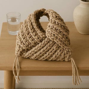 Può includere: Una borsa in macramè beige con un design intrecciato. La borsa ha un manico arrotondato e nappe sul fondo. È appoggiata su un tavolo di legno accanto a un bicchiere d'acqua e un vaso con verde.