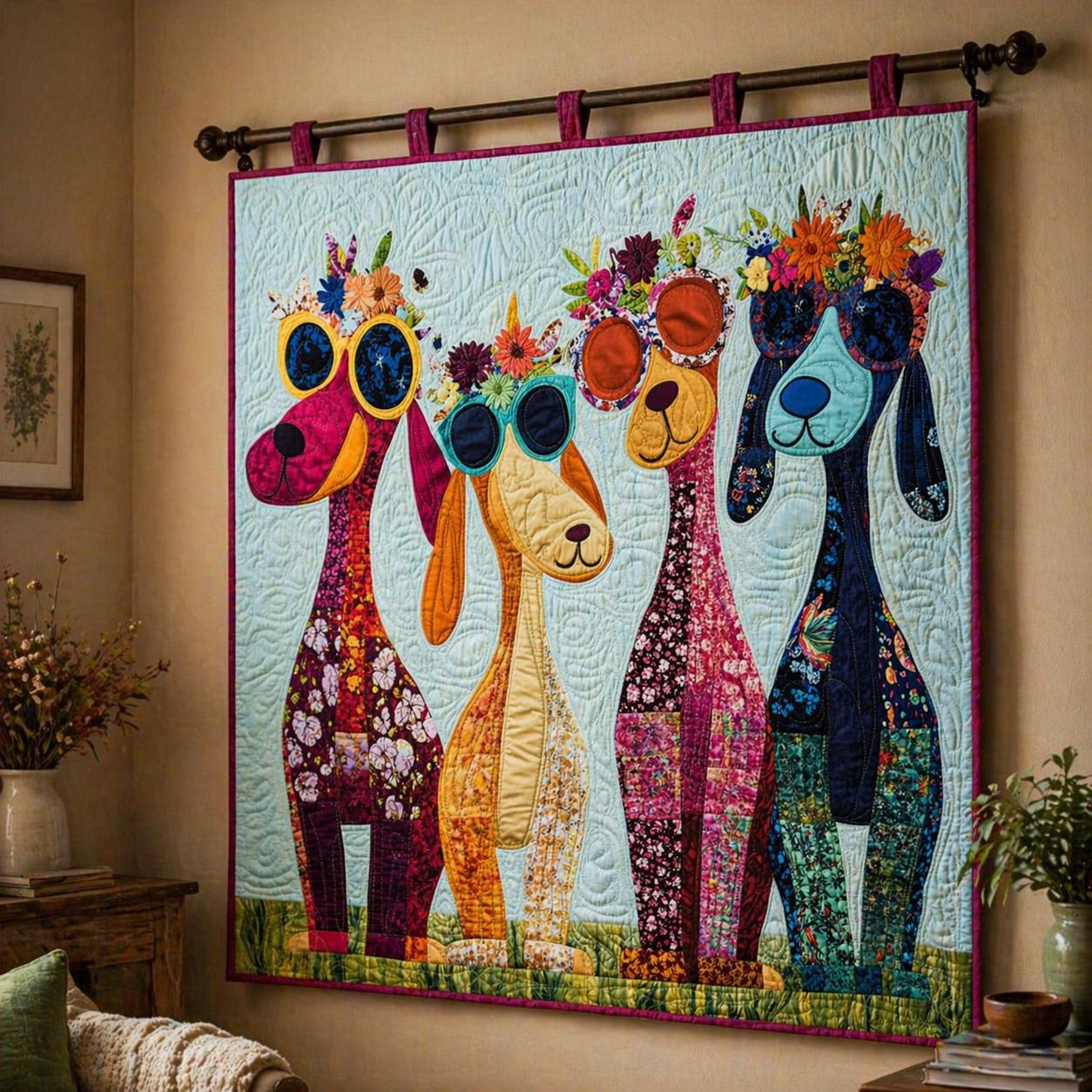 Boho Dog Appliqué Quilt Pattern 1566, Floral Sunglasses Pups Wall ...
