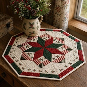 May include: An octagonal quilted table mat featuring a central star pattern in red and dark green, surrounded by cream fabric with holly leaf and berry prints, and red and white striped accents. A ceramic pitcher with holly motifs sits on top.