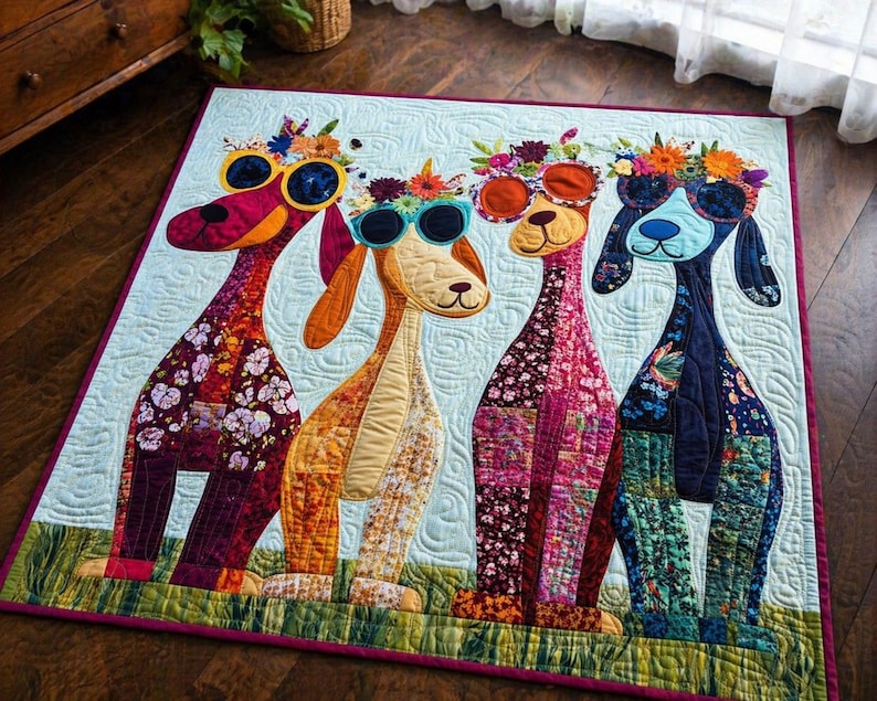 Boho Dog Appliqué Quilt Pattern 1566, Floral Sunglasses Pups Wall ...