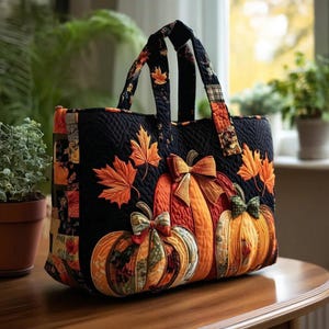May include: A quilted tote bag featuring a black background with orange pumpkin and autumn leaf appliques. The bag has two fabric handles and decorative bows attached to the pumpkins. The quilted texture covers the entire surface.