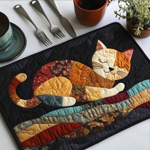 May include: A handmade, quilted placemat featuring a sleeping cat design. The cat is composed of patchwork fabrics in shades of orange, yellow, and brown, set against a black background. The placemat is rectangular and has a decorative stitched border.
