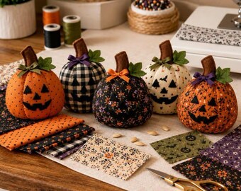 Autumn Magic 3505T - Pumpkin Printed Pattern, Halloween Jack O Lantern Sewing Pattern, Fall Decor