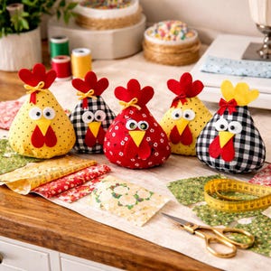 May include: Five fabric chicken ornaments featuring felt combs, beaks, and googly eyes. The chickens are crafted from yellow polka dot, black and white buffalo check, and red floral patterned fabric. A yellow measuring tape and scissors are visible.
