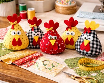 May include: Five handmade fabric chicken decorations in various colors and patterns. The chickens have red combs, yellow beaks, and googly eyes. They are arranged on a wooden surface with sewing supplies, including fabric scraps, thread spools, and a measuring tape.