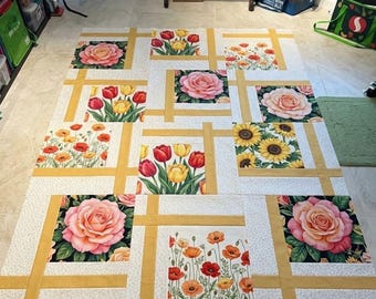 Floral Patchwork Quilt Pattern 3278T – Rose, Tulip, Sunflower Garden Bed Design