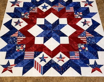 Patriotic Carpenter Star Quilt 3258T – American Flag Inspired Patchwork Home Decor